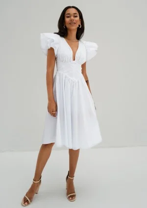 Nelly - White midi dress with frilled sleeves