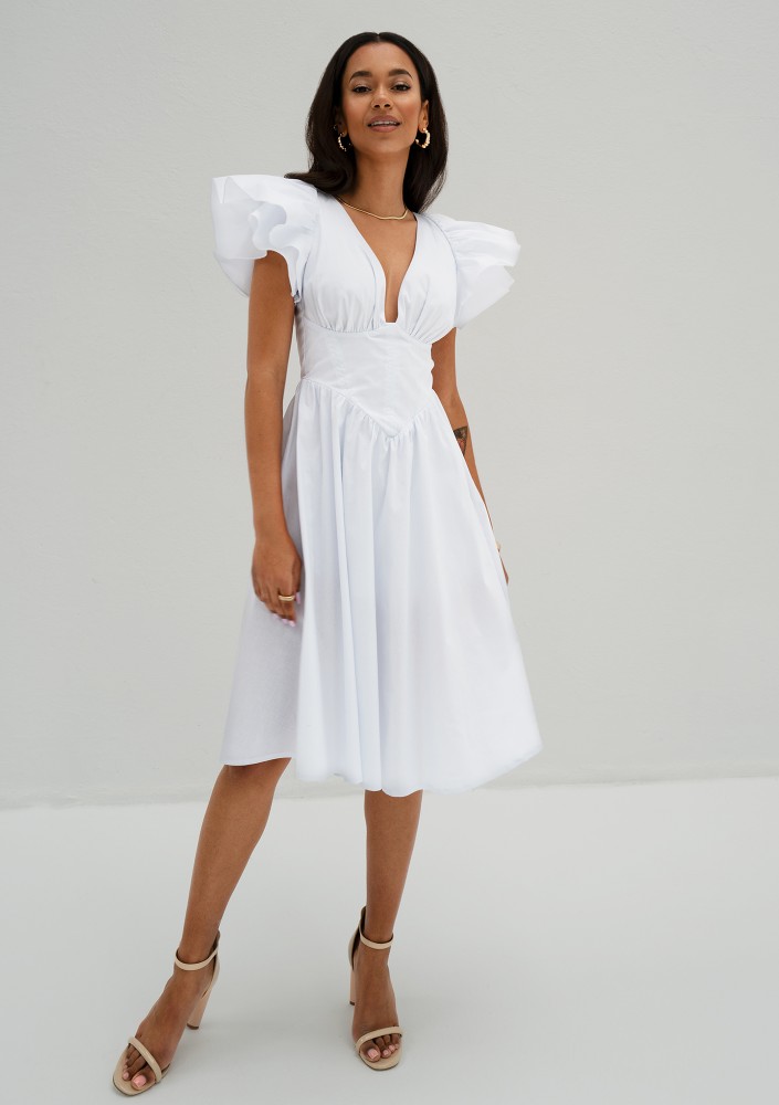 Nelly - White midi dress with frilled sleeves