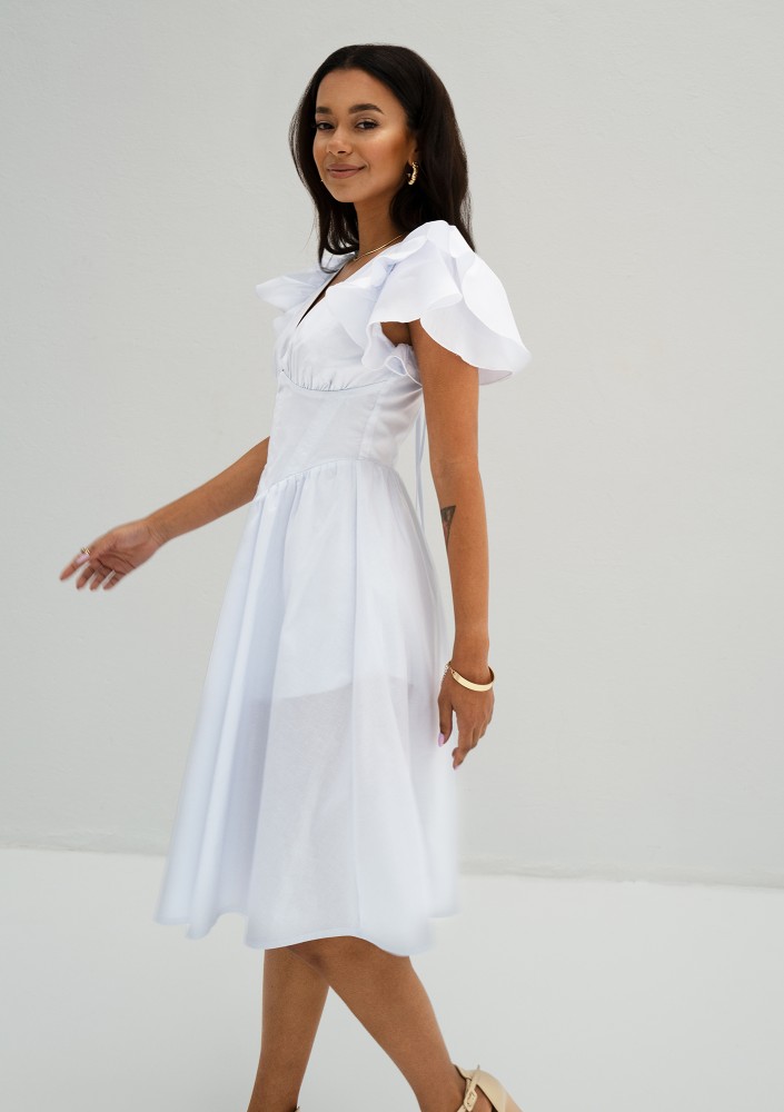 Nelly - White midi dress with frilled sleeves