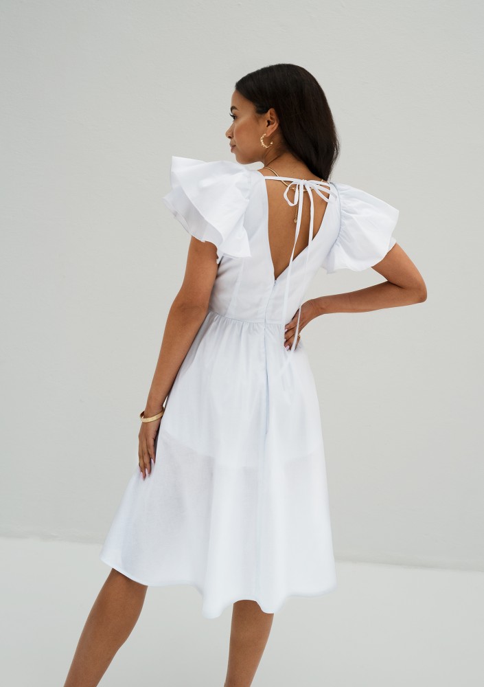 Nelly - White midi dress with frilled sleeves