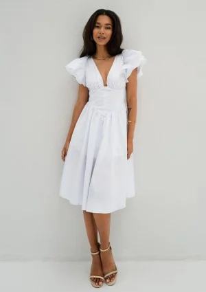 Nelly - White midi dress with frilled sleeves