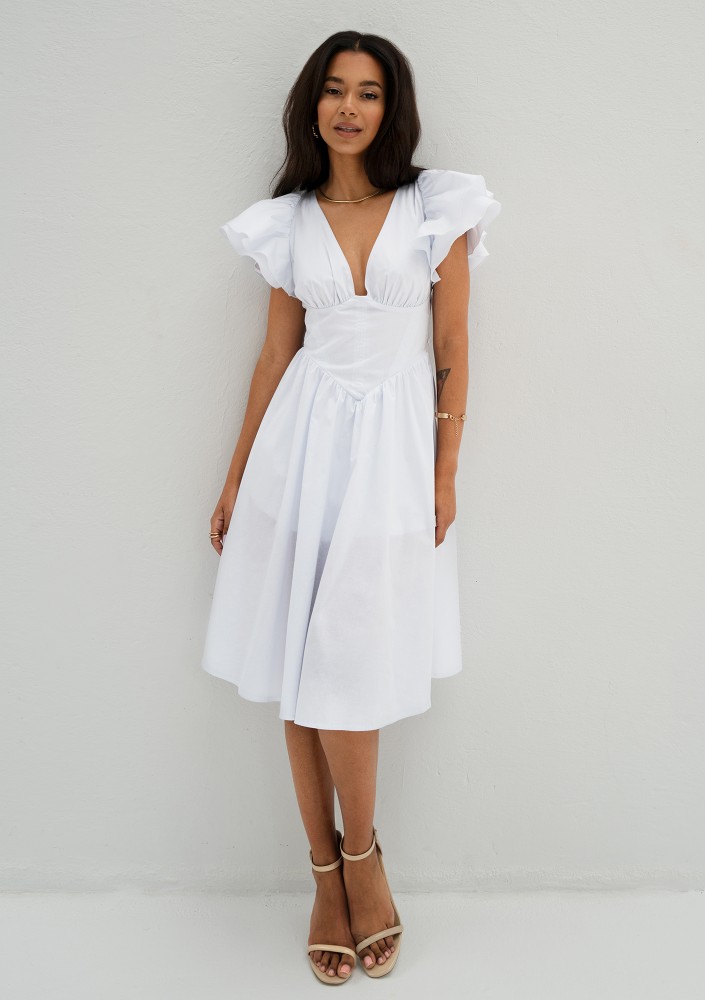 Nelly - White midi dress with frilled sleeves