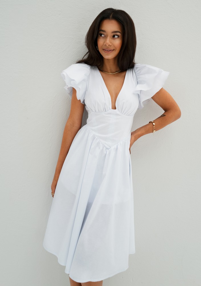 Nelly - Biała sukienka midi z bawełny z gorsetową wstawką