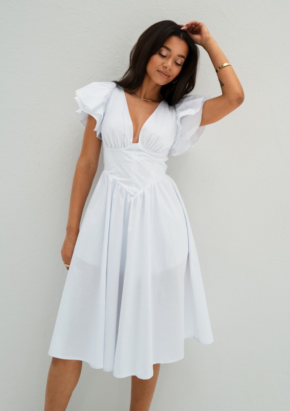 Nelly - White midi dress with frilled sleeves