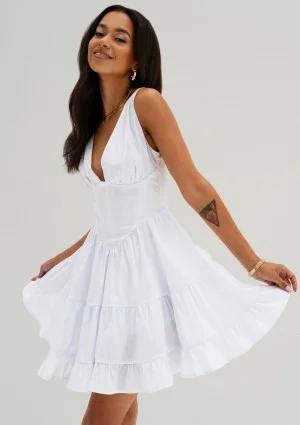 Liya - Biała sukienka bawełniana z gorsetową wstawką i przeszyciami