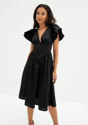 Nelly - Black midi dress with frilled sleeves