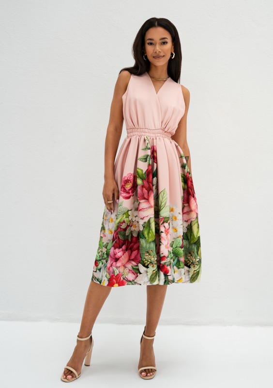 Rozalia - Powder pink floral border midi dress