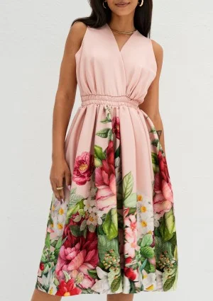 Rozalia - Elegancka sukienka midi w kwiaty Pudrowa