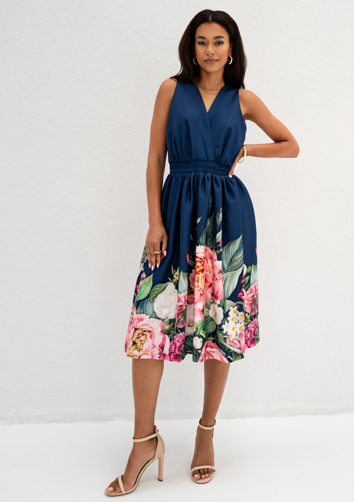 Rozalia - Navy blue floral border midi dress