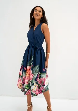Rozalia - Elegancka sukienka midi w kwiaty Granatowa