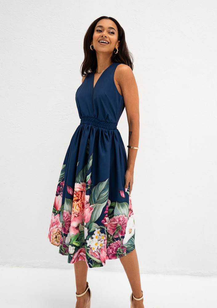 Rozalia - Navy blue floral border midi dress