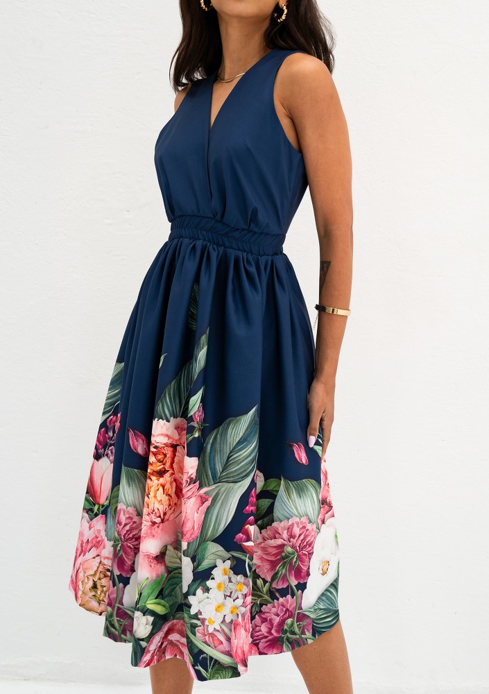 Rozalia - Navy blue floral border midi dress