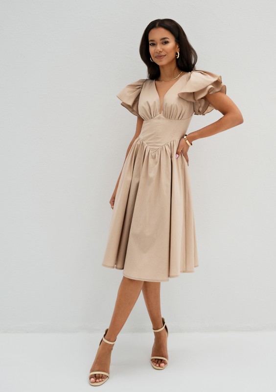Nelly - Beige midi dress with frilled sleeves