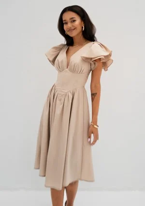 Nelly - Beige midi dress with frilled sleeves