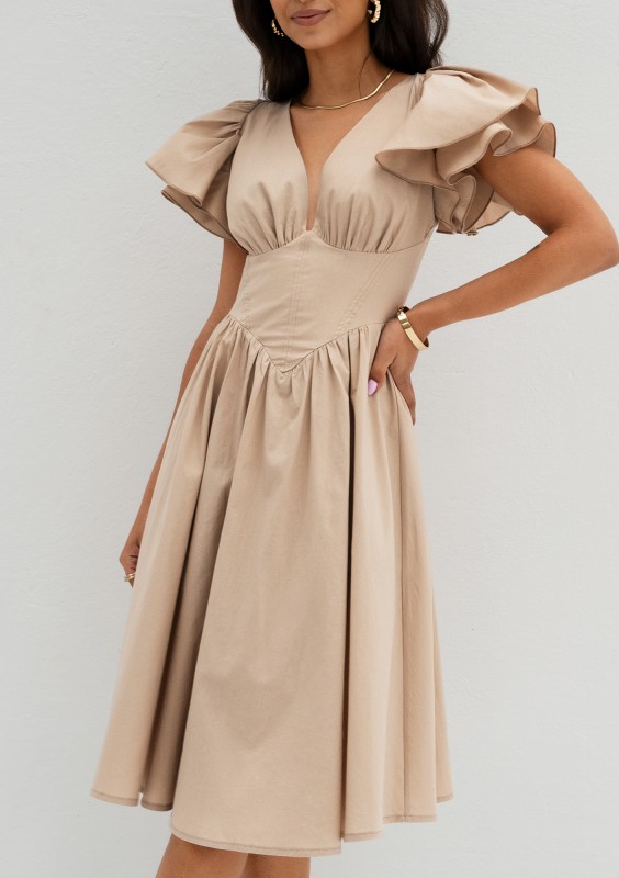 Nelly - Beige midi dress with frilled sleeves