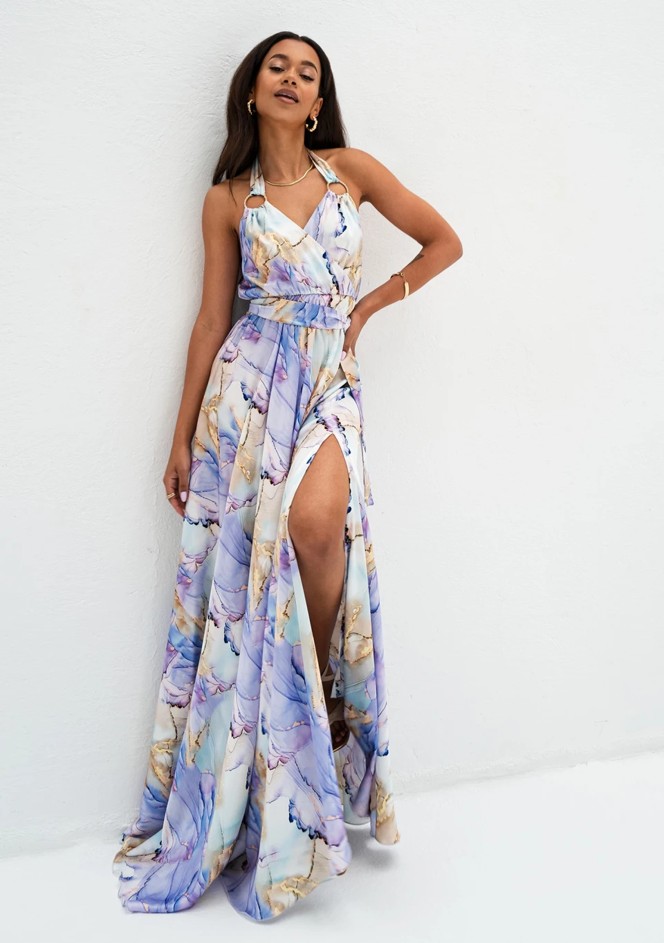 chinese dress ladies Swirl Marble Print High Slit Maxi Dress BLG050801