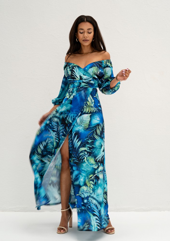 Serina - Blue leafy maxi wrap dress