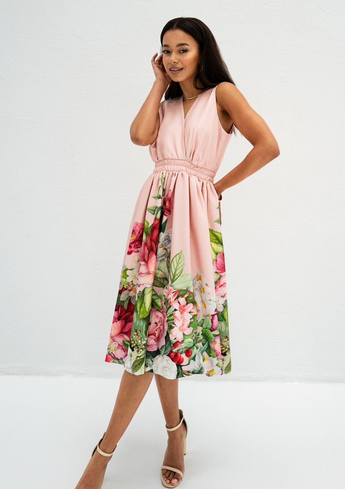 Rozalia - Powder pink floral border midi dress