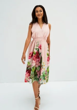 Rozalia - Elegancka sukienka midi w kwiaty Pudrowa