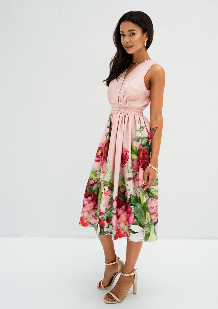 Rozalia - Powder pink floral border midi dress