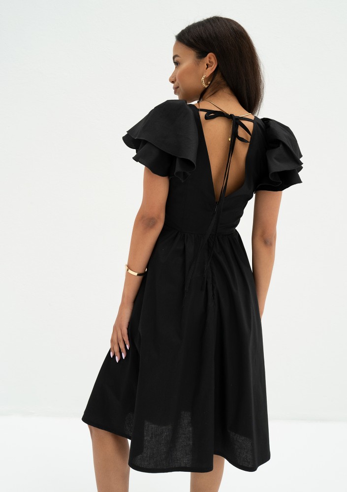Nelly - Black midi dress with frilled sleeves