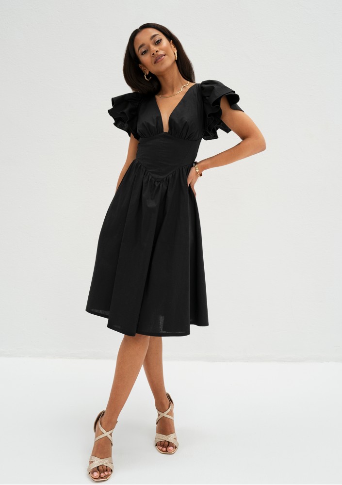 Nelly - Black midi dress with frilled sleeves