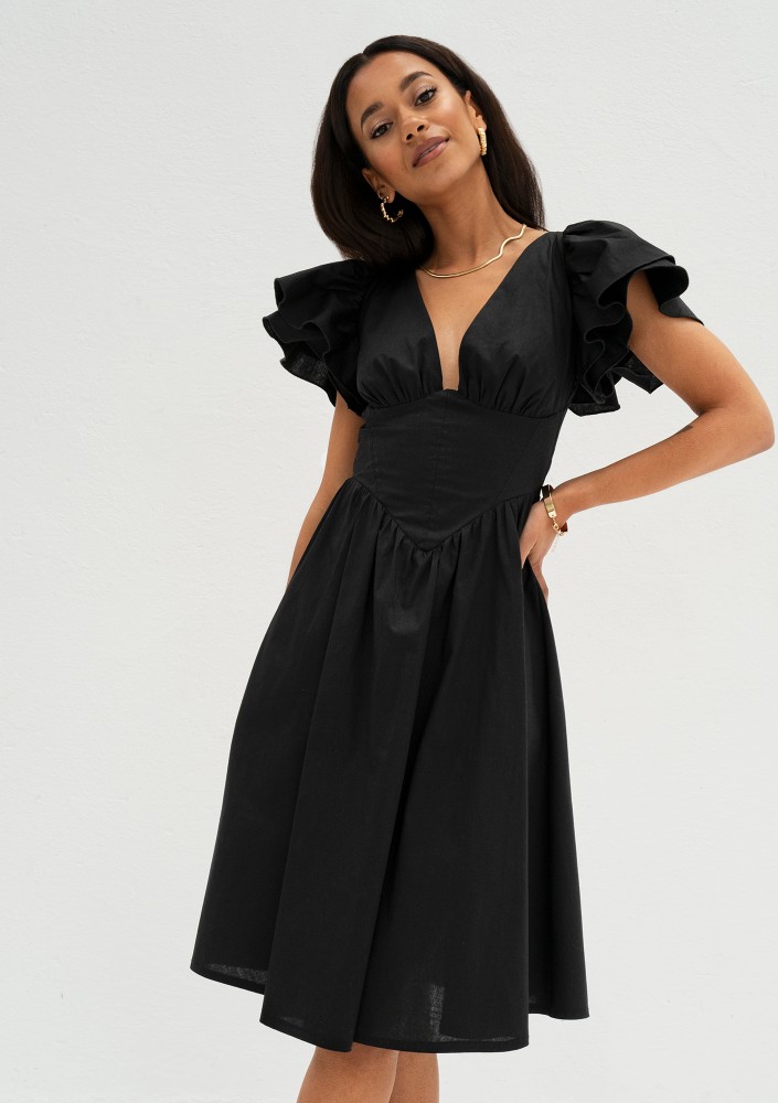 Nelly - Black midi dress with frilled sleeves