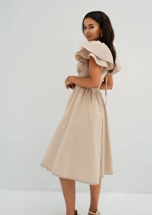 Nelly - Beige midi dress with frilled sleeves
