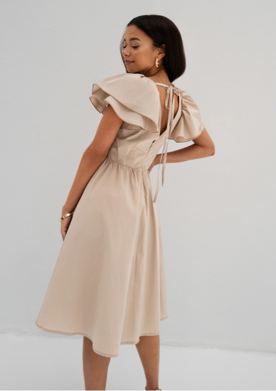 Nelly - Beige midi dress with frilled sleeves