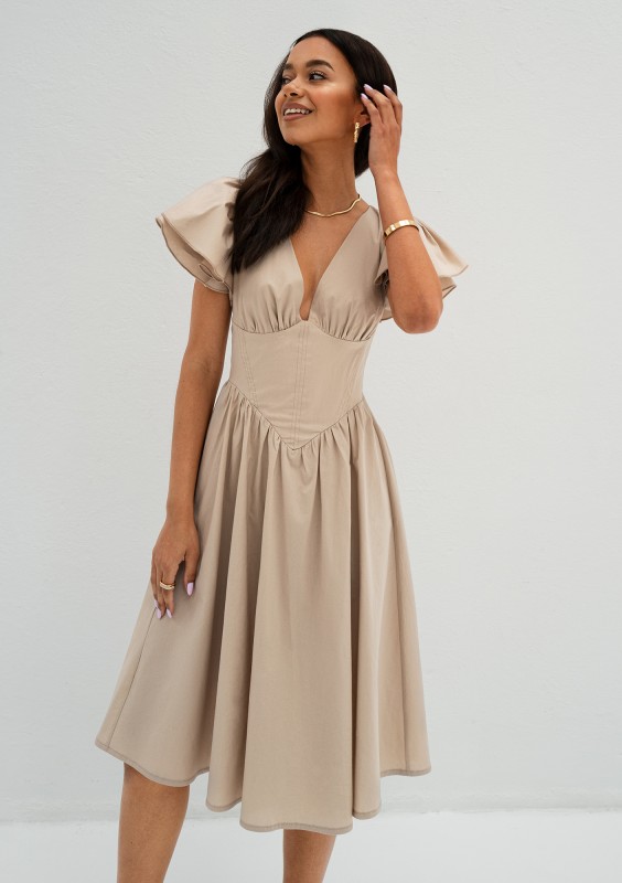 Nelly - Beige midi dress with frilled sleeves