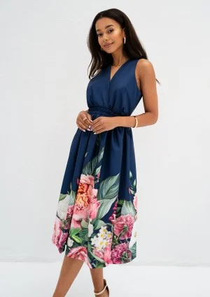 Rozalia - Elegancka sukienka midi w kwiaty Granatowa
