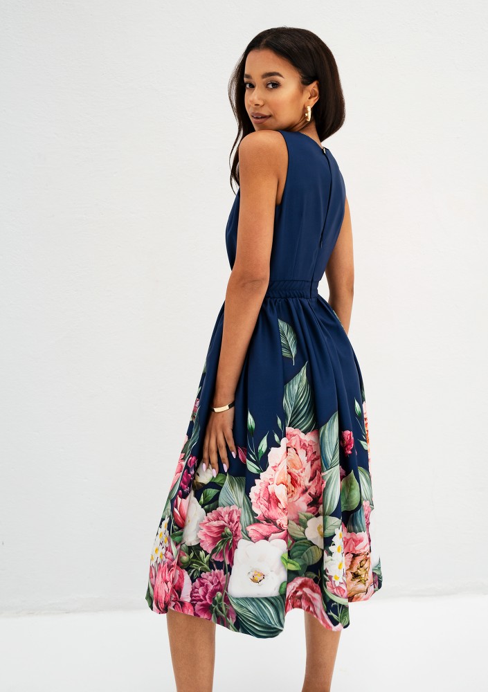 Rozalia - Navy blue floral border midi dress