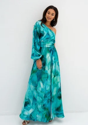 Nyrobi - Długa sukienka letnia z rozcięciem i jednym rękawem Blue Marble