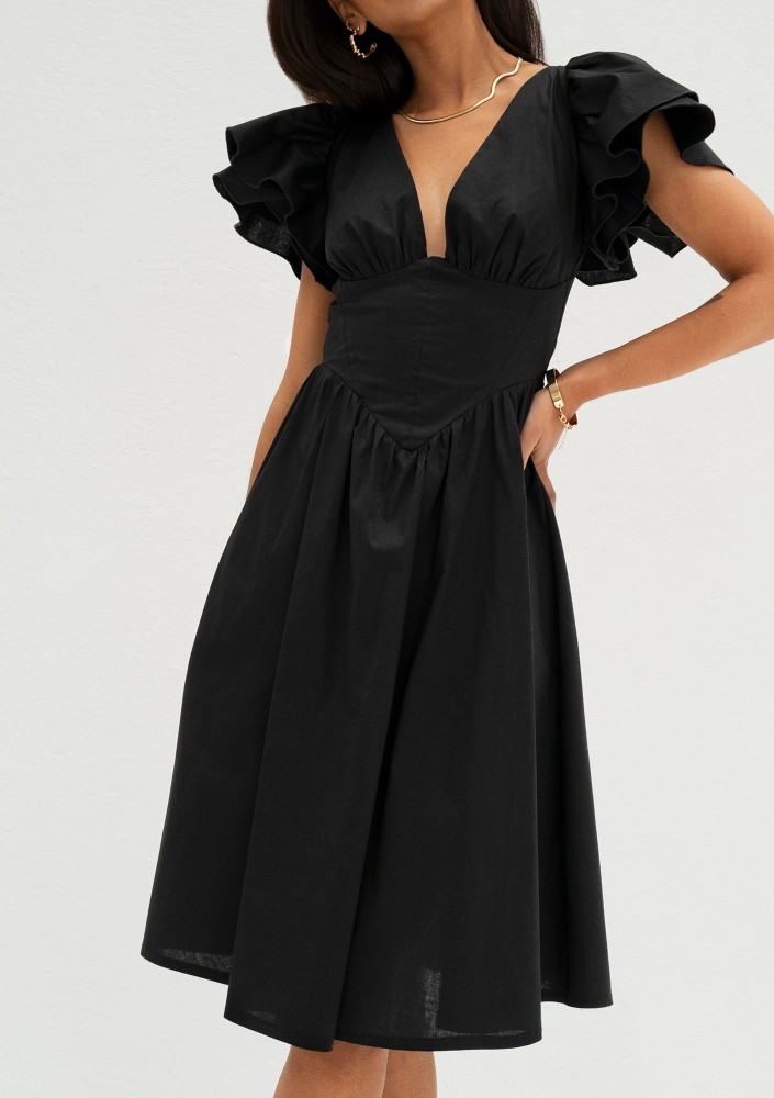 Nelly - Black midi dress with frilled sleeves