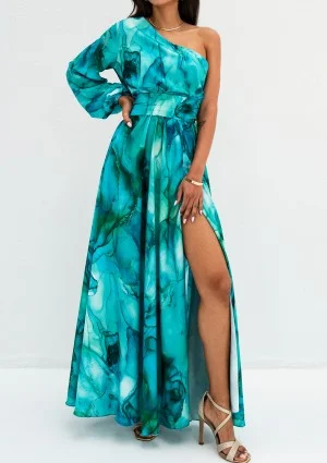 Nyrobi - Długa sukienka letnia z rozcięciem i jednym rękawem Blue Marble