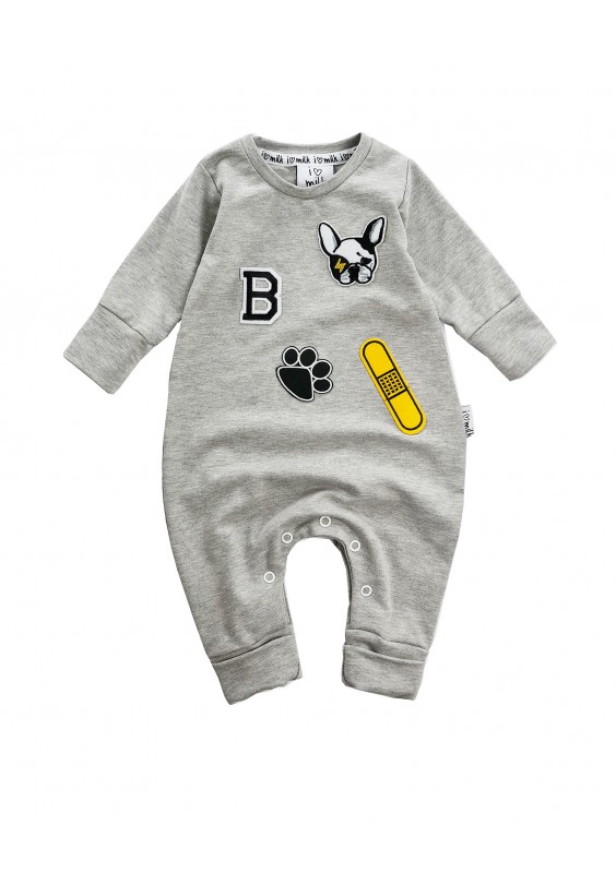 Szary romper z naszywkami z psim motywem