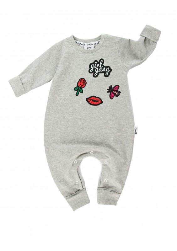 Romper dziecięcy z długim rękawem z naszywkami GIRLS GANG Szary Melanż