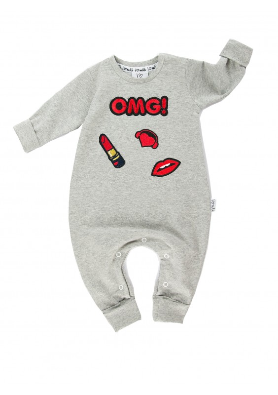 Szary romper dla dziewczynki z naszywkami OMG