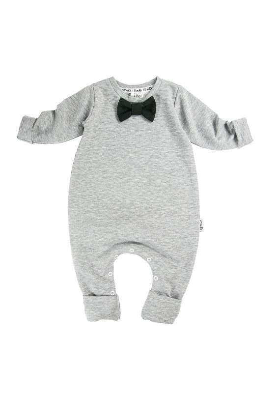 Melange grey long sleeved romper with a black bow