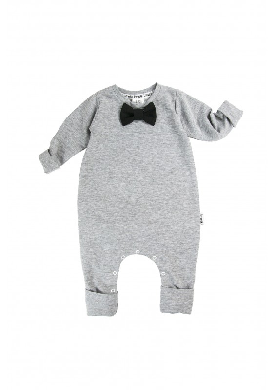 Melange grey long sleeved romper with a black bow