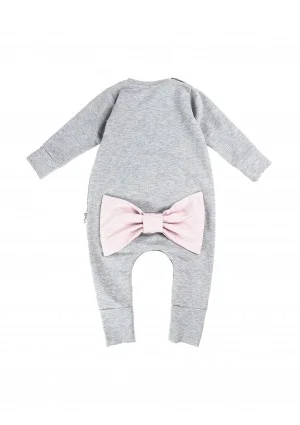 Melange grey long sleeved romper with a pink bow