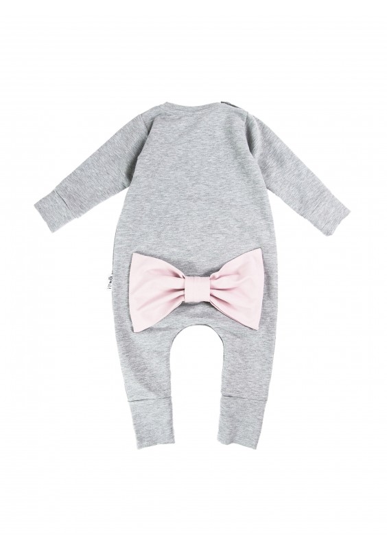 Melange grey long sleeved romper with a pink bow