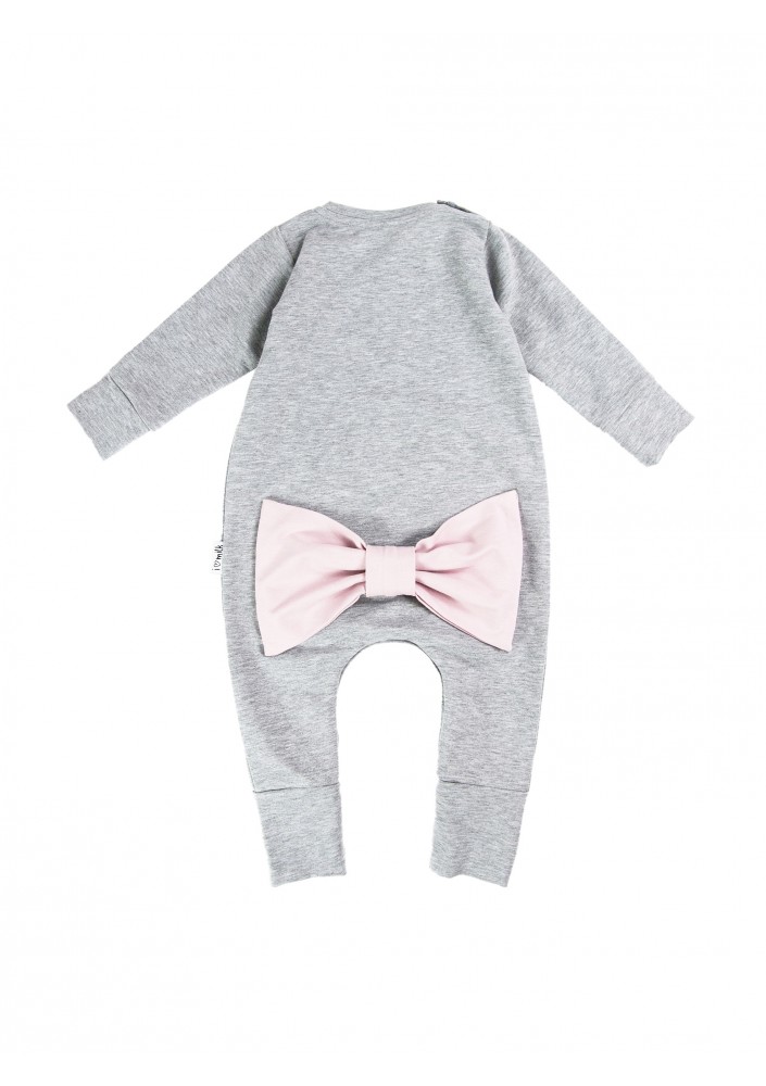 Melange grey long sleeved romper with a pink bow
