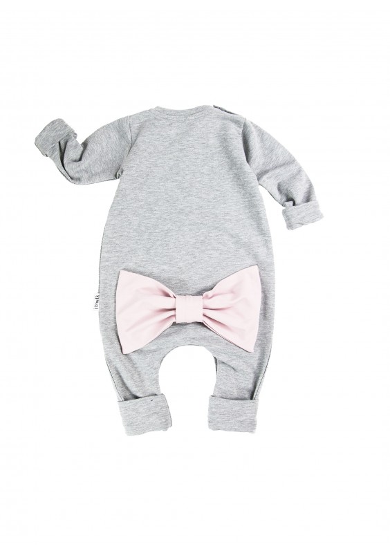 Melange grey long sleeved romper with a pink bow
