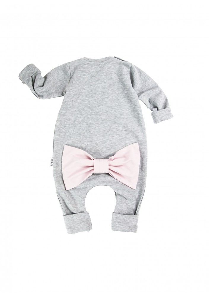 Melange grey long sleeved romper with a pink bow