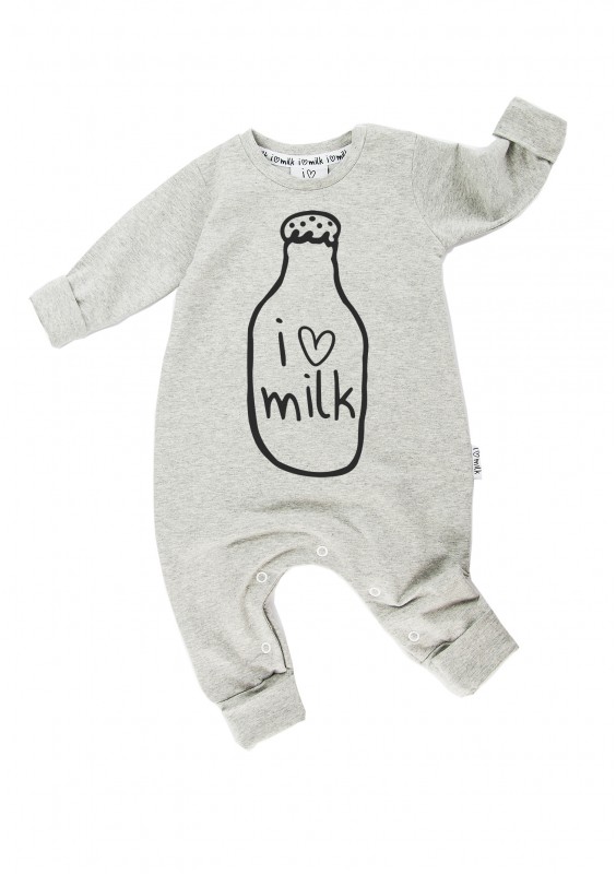 Melange grey long sleeved romper "I love milk"