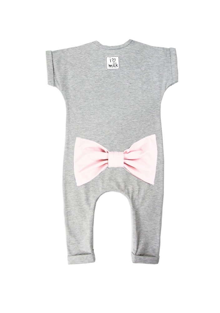 Melange grey short sleeved romper with a pink bow