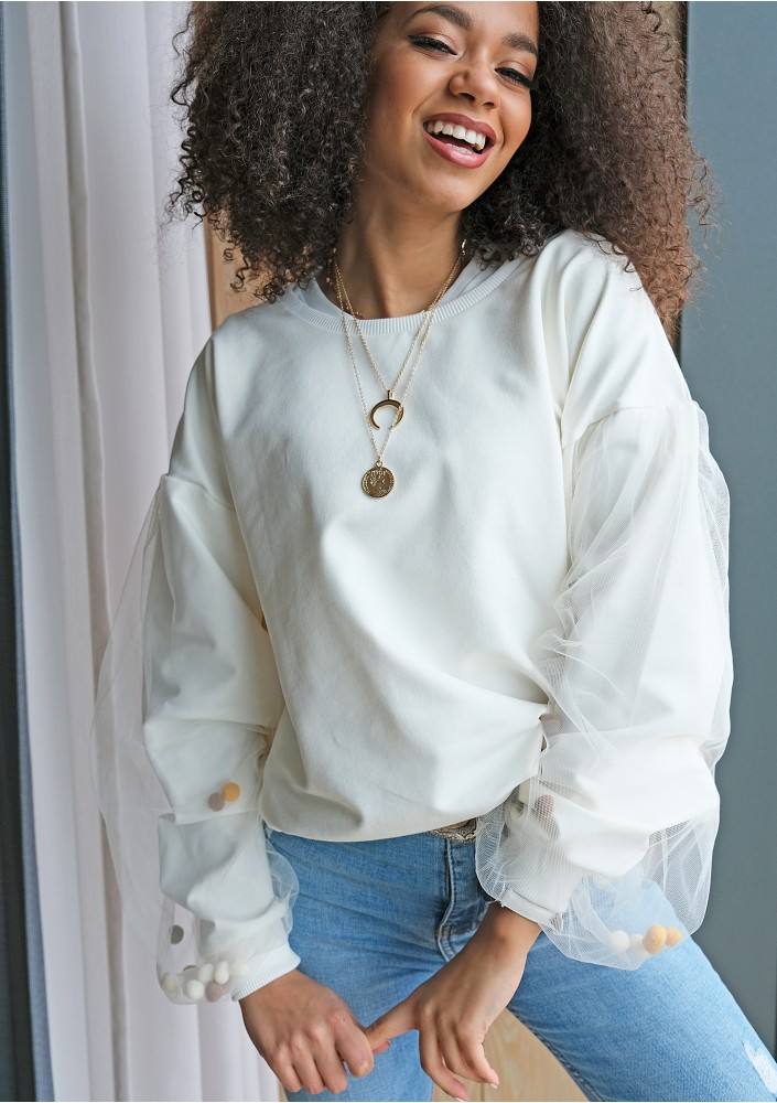 Ecru sweatshirt with pom poms