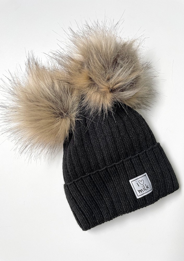 Kids black winter beanie with pompoms