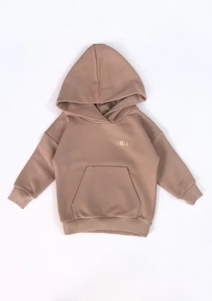 Latte beige kids hoodie with a gold logo